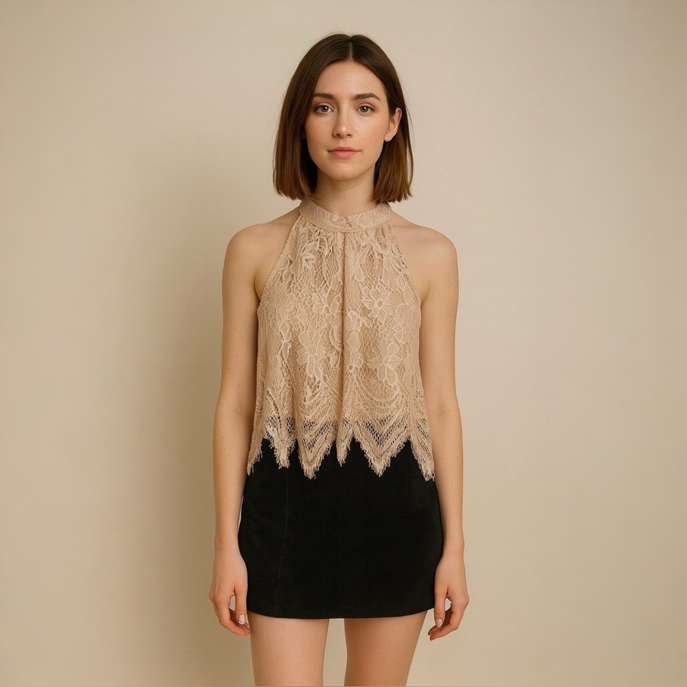Love, Fire Mock Neck Scalloped Lace Overlay Top